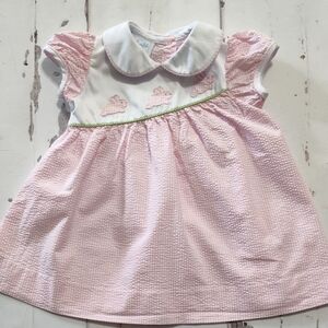 Little English Pink Seersucker Dress with White Collar and Green Trim